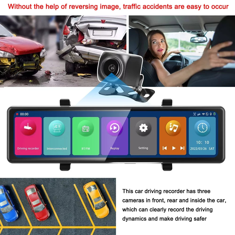 BT Recording Cameras, 2.5K Video 12in Cam: the Touchscreen, Moment Mirror Capture Connectivity, 3 - Auto Driving on Rearview - Clear Every Dash Road Recorder