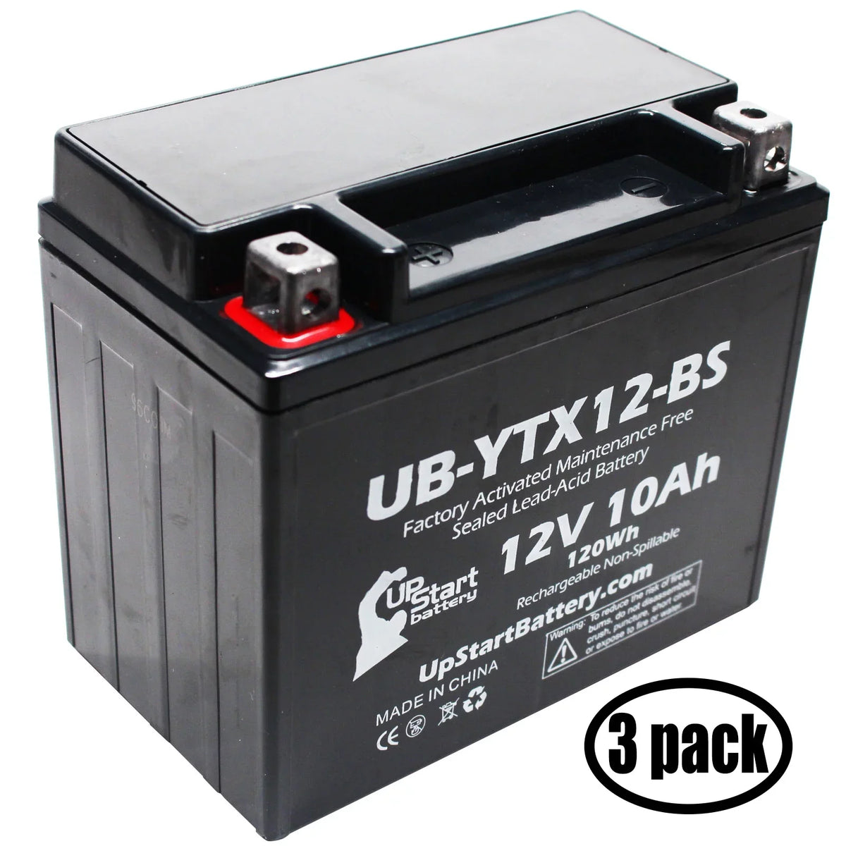 GSX-R1000 Factory 3-Pack Battery CC - 12V, 2003 Replacement Motorcycle UpStart UB-YTX12-BS 10Ah, Free, Activated, Maintenance for Suzuki 1000 Battery