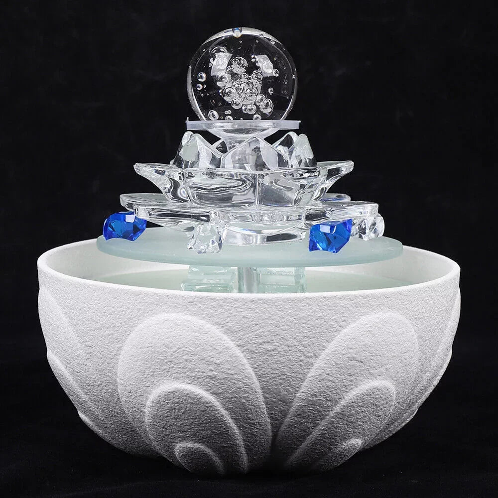 Fountain, White Tabletop Waterfall Lotus Office Fountain Water Decor Crystal Desktop Flowing Ornament Desktop Water Fountain Teahouse