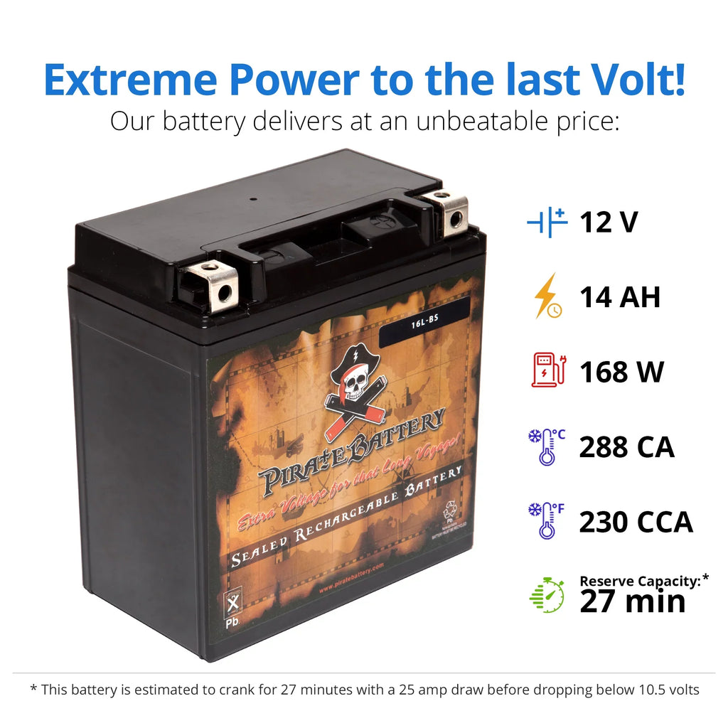 for Kawasaki YTX16L-BS Volt,14 Battery 1987 Pirate Ah, (16L-BS Jf650 230 Jet X2 CCA) 12 650cc Battery Ski