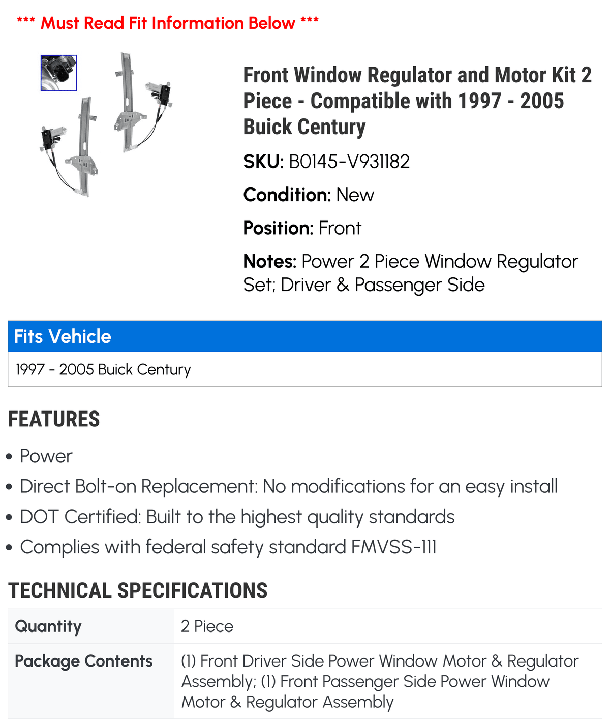 2003 Piece 1999 with Motor Buick Century - Compatible Regulator - 2002 Front 2005 and Window 2004 1998 2001 Kit 2000 2 1997