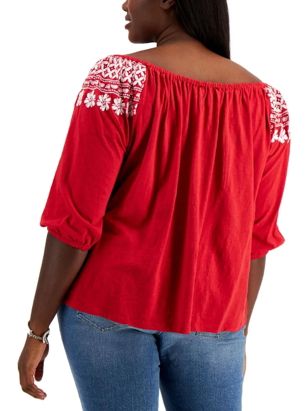 Top Embroidered Size Hilfiger 3X Red Women's Off Shoulder Tommy The