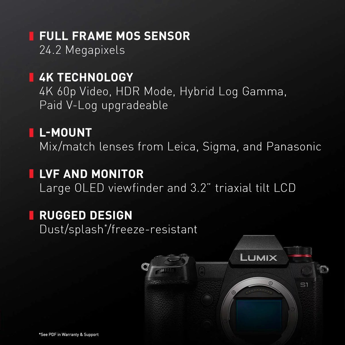 High LUMIX Lens Compatible, Resolution L-Mount Sensor, with Camera HDR MOS 24.2MP S1 Mirrorless 4K Panasonic Frame Full