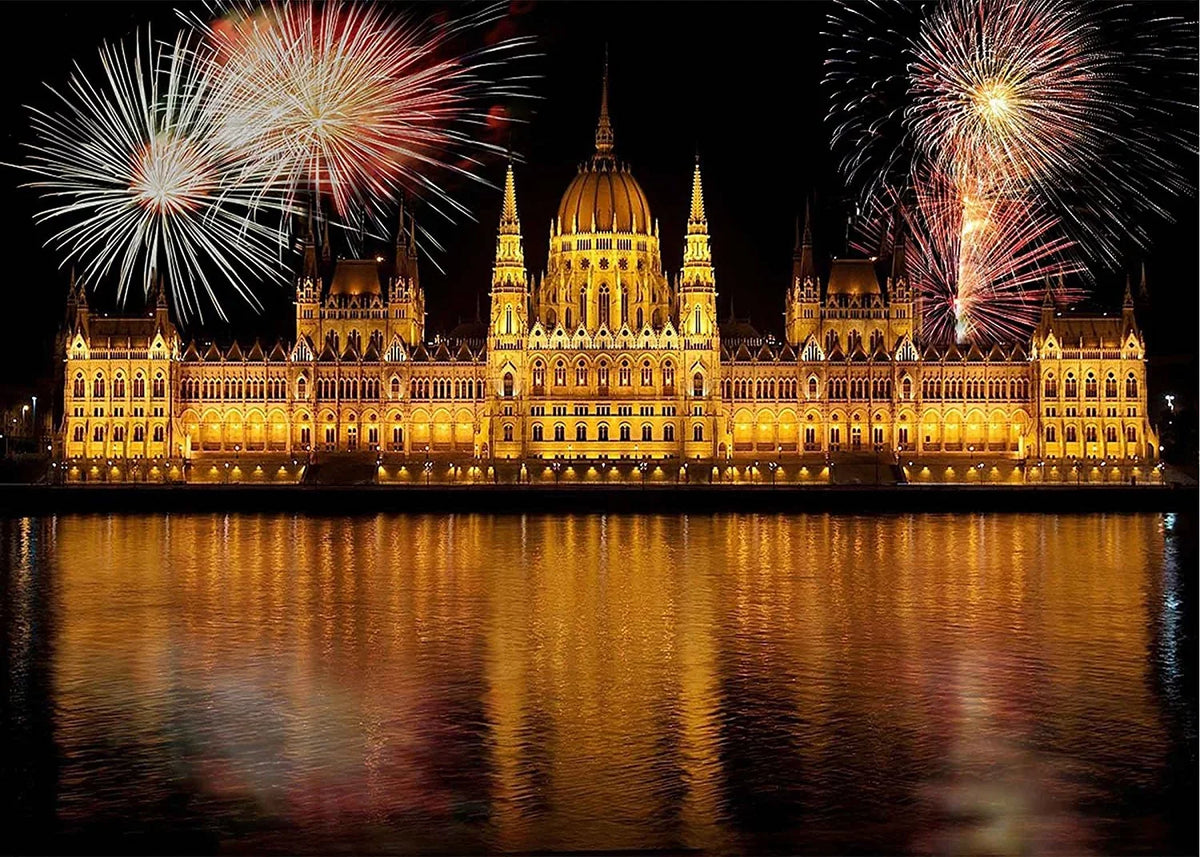 The Background 7x5ft Bloom Castle Illuminate Background Lights Studio Booth of Props Night City Water View Photo The Fireworks MOHome River Party Backdrop