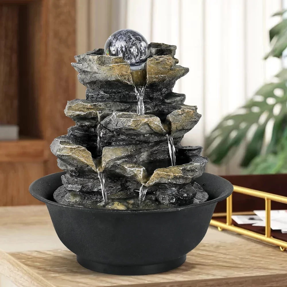 High 8.3-inch Tabletop Water Lights and LED Cascading 4-Tier Rock with Decor Fountain Falls for Office Home