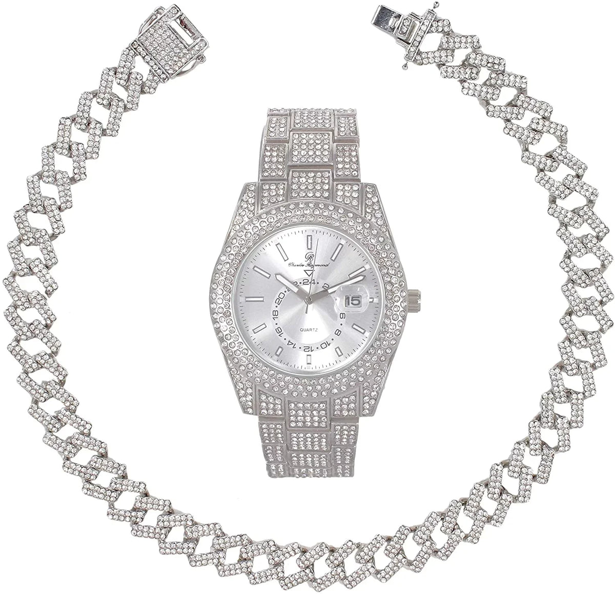 with Necklace with Matching on Zig Sets and Rolly Blinged ZZ Zag Charles Sets - Ice Trim Blast! Hop Out Necklace Hip Band Looks Out - Raymond Out Wristwatch Iced Bling'ed Silver