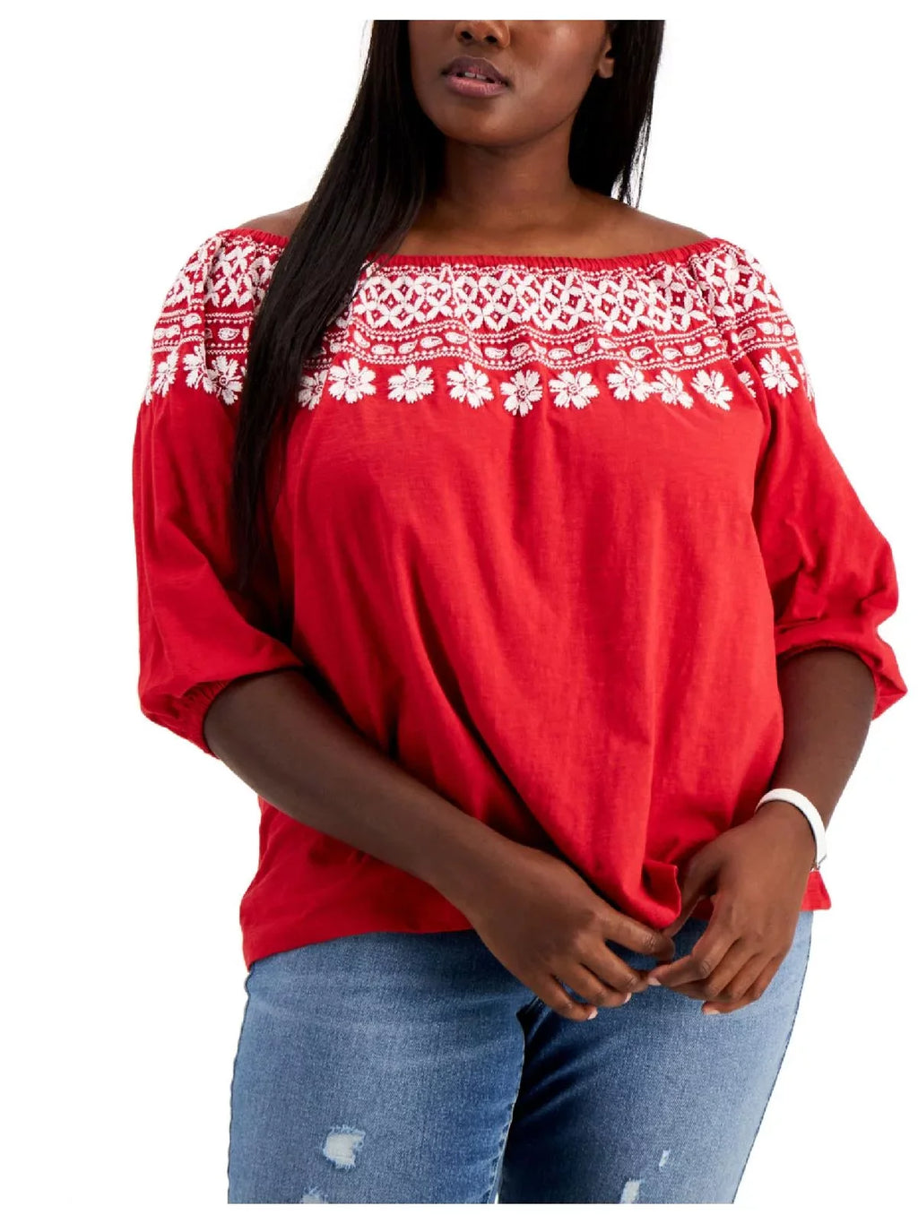 Top Embroidered Size Hilfiger 3X Red Women's Off Shoulder Tommy The
