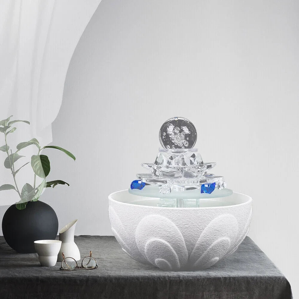 Fountain, White Tabletop Waterfall Lotus Office Fountain Water Decor Crystal Desktop Flowing Ornament Desktop Water Fountain Teahouse