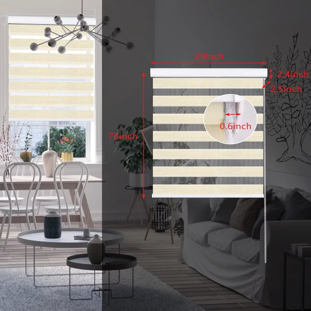 Shades L, Control Cover, 72" LUCKUP Zebra Light Dual Treatments with W Beige and for Sheer Windows, Shades 29" Blinds Day Night, Layer Roller for Blinds Window Striped Valance x