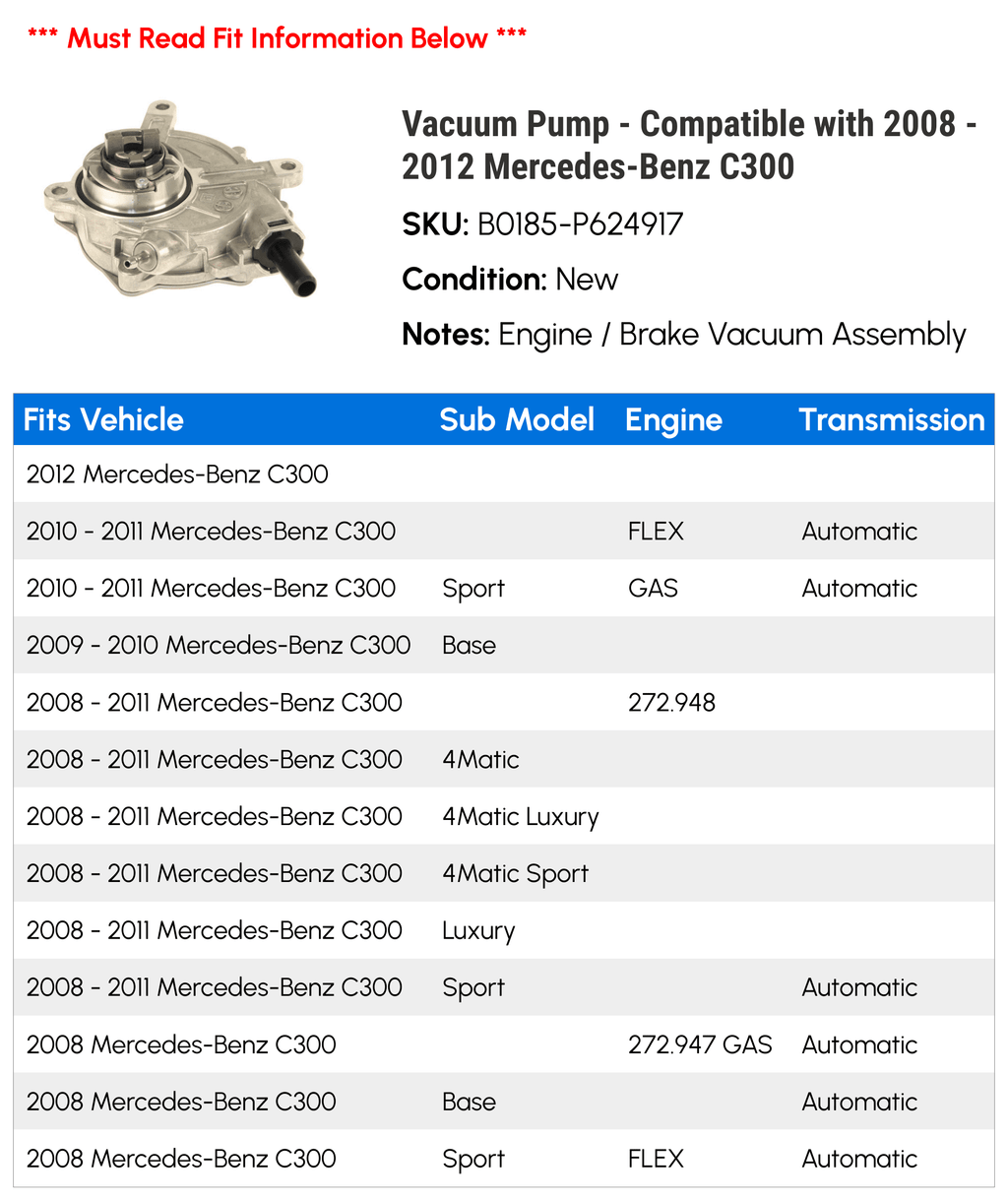with Vacuum 2009 2008 Pump - Compatible 2010 2012 - 2011 C300 Mercedes-Benz