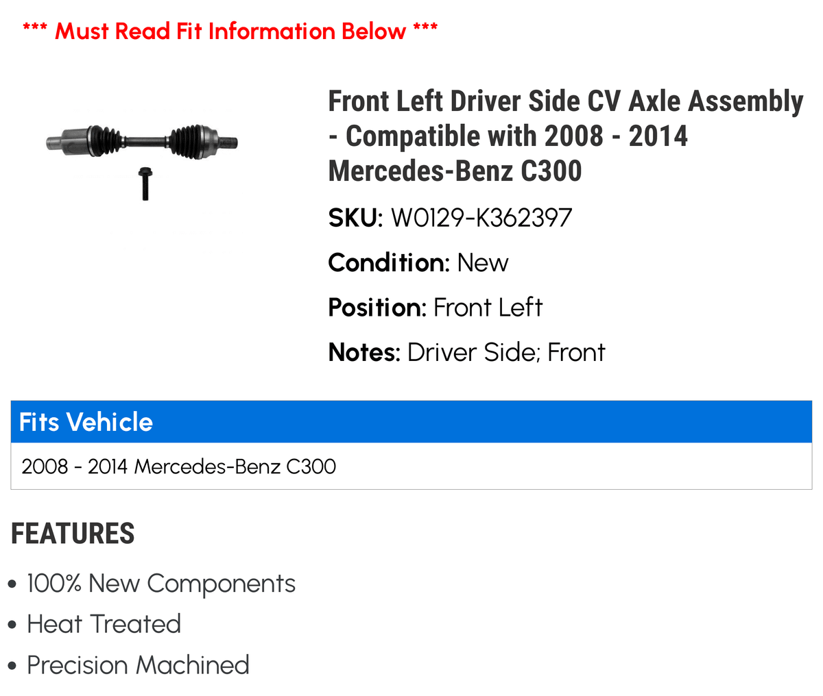 2009 Left Mercedes-Benz 2011 Side Driver 2013 - Assembly 2010 Front Compatible C300 - 2008 Axle CV 2014 2012 with