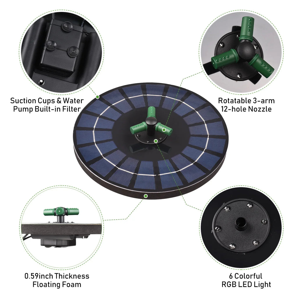 With With Light Solar Garden Pump Auto-Shut Inch Colorful 9 LED Bath Fountain Bird for 6W Small off Battery Rotatable Pump Fountain Water Pond Solar Nozzle