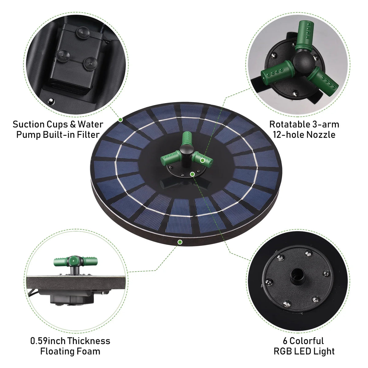 With With Light Solar Garden Pump Auto-Shut Inch Colorful 9 LED Bath Fountain Bird for 6W Small off Battery Rotatable Pump Fountain Water Pond Solar Nozzle