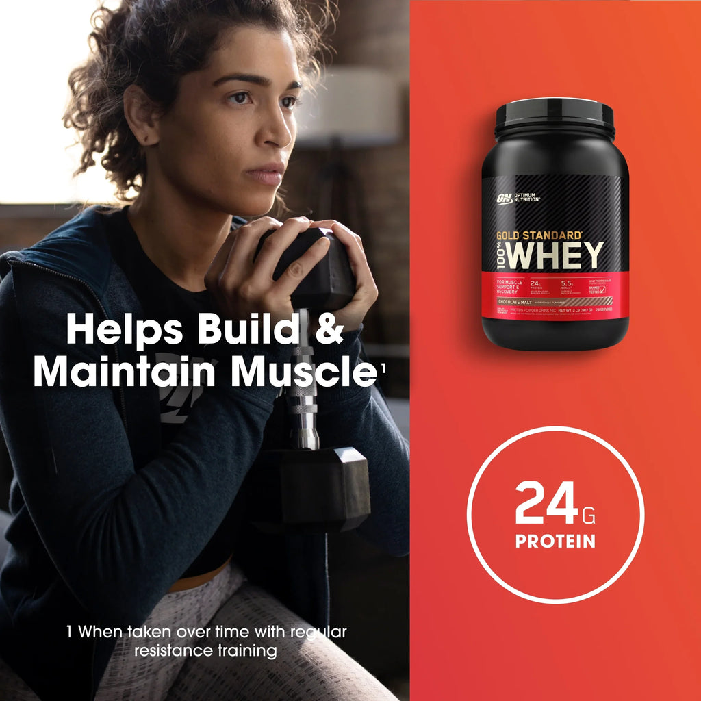 24 Whey Nutrition, Gold 100% Servings Chocolate 2 Powder, Optimum g 29 lb, Malt, Standard Protein Protein,